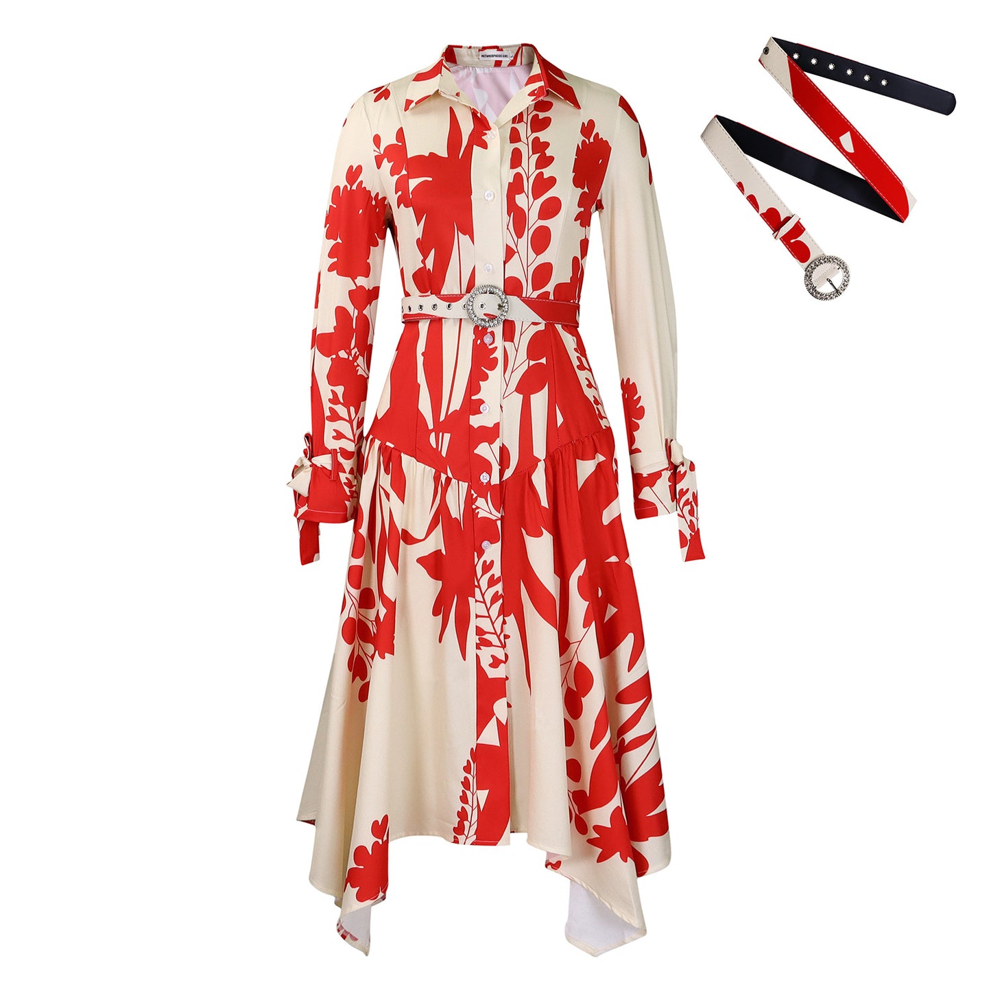 Women's Summer Long Sleeve Printing Lapel Irregular Loose Dress