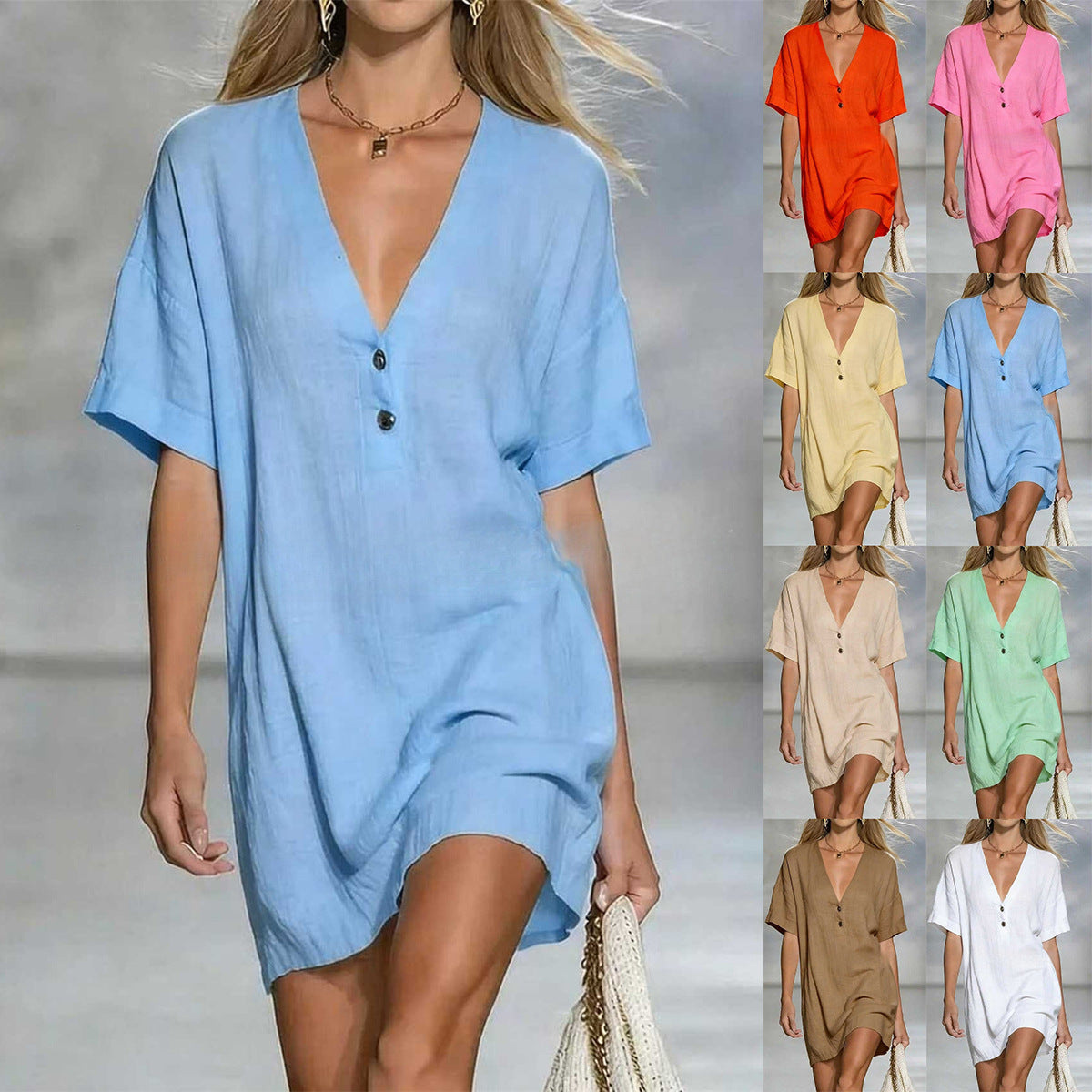 Women's Fashion Sleeve Solid Color Casual Button Dress
