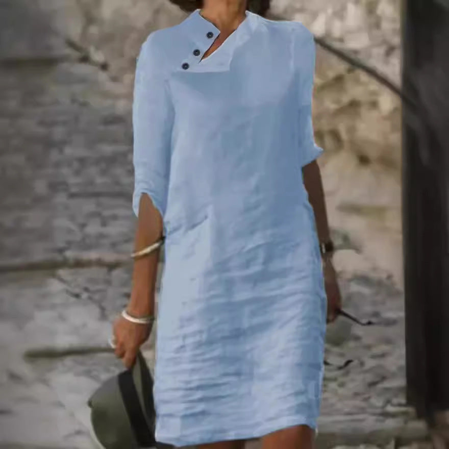 Casual Stand Collar Button Cotton Linen Solid Color Dresses