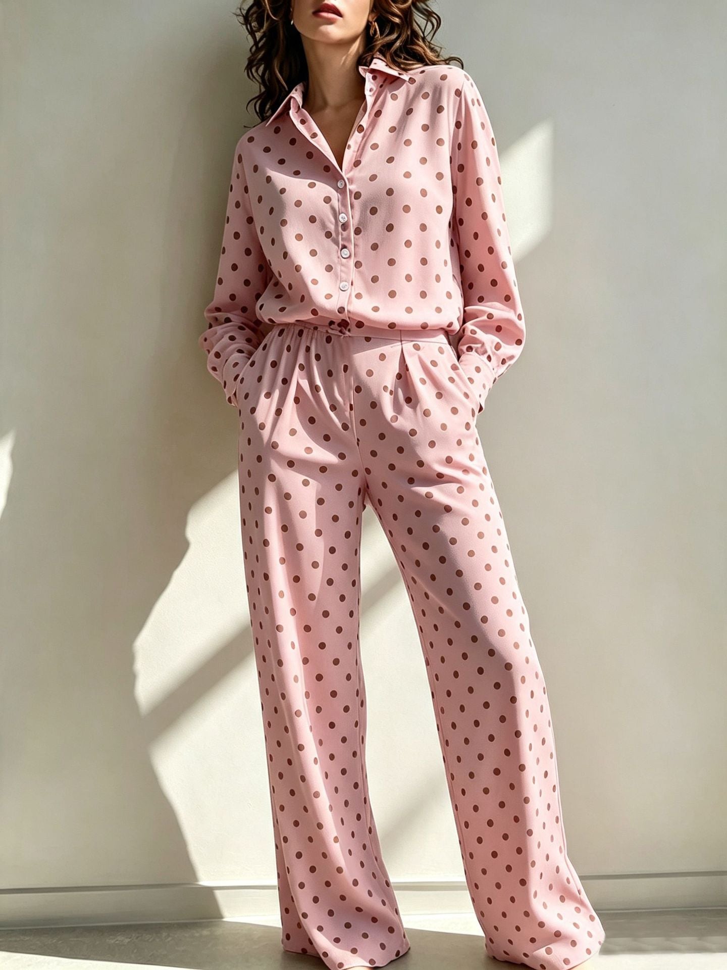 Sleeve Lapel Shirt Elastic Waist Wide Leg Two-piece Set Light Pants