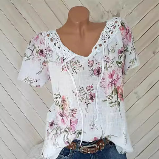 Glamorous Summer Lace Printed Short-sleeved T-shirt Tops