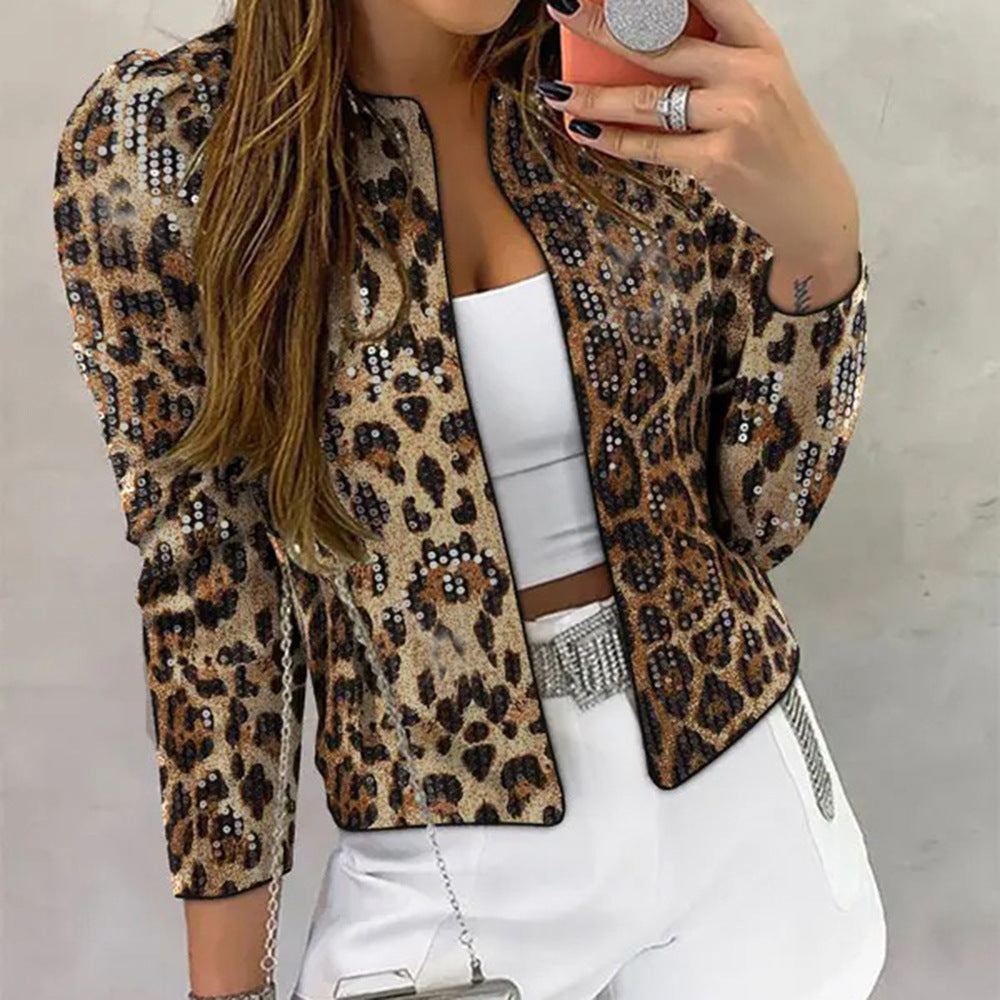 Women's Leopard Print Sequin Personality Outdoor Long Coats