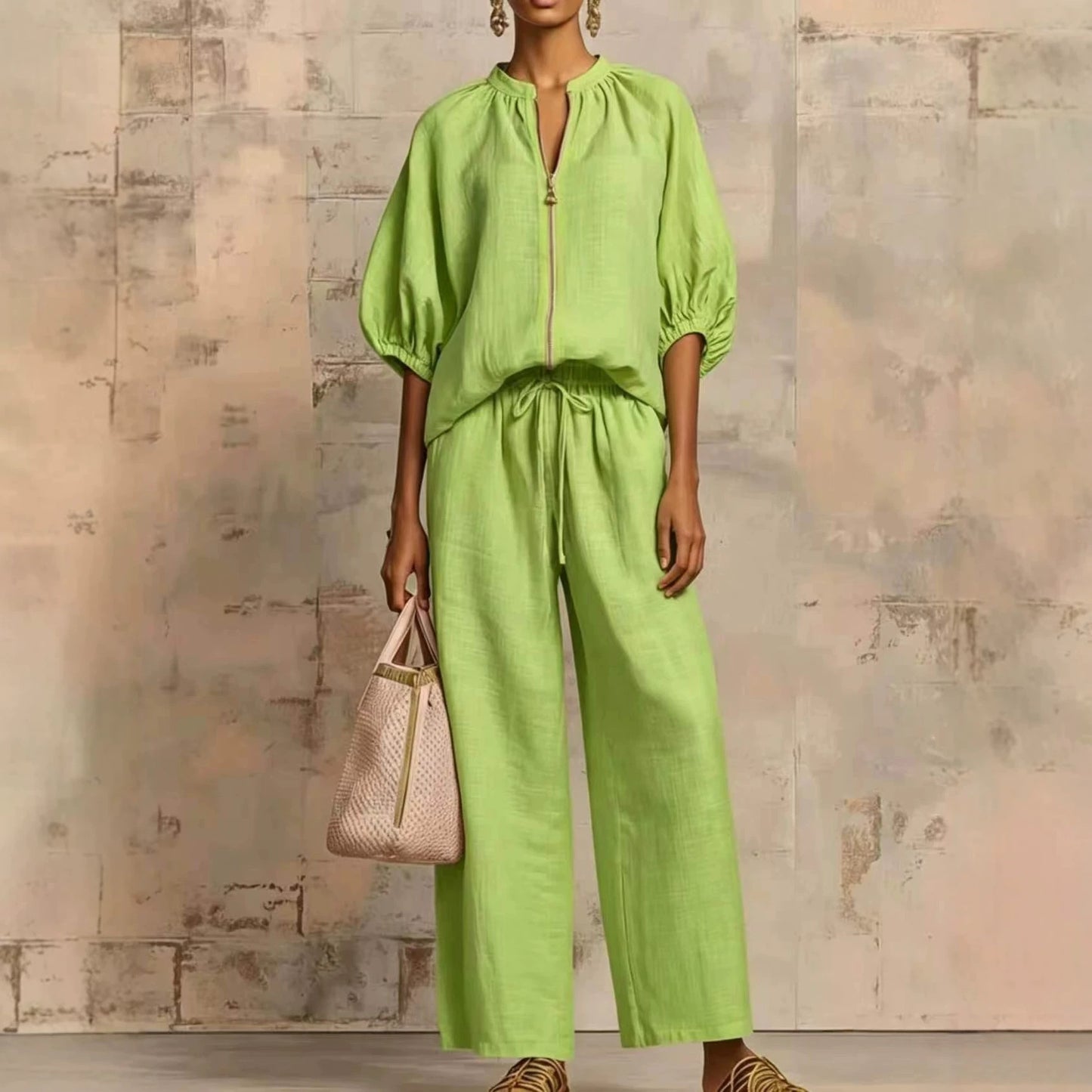 Loose Vacation Style Zipped Round Neck Wide Suits