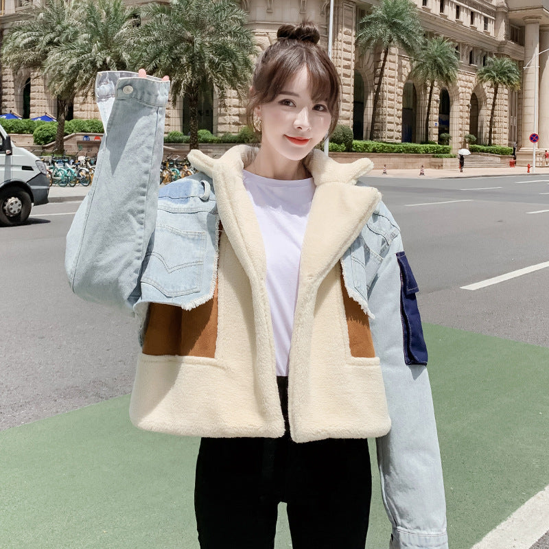 Women's Sense Niche Loose Fur Integrated Suede Lamb Denim Coats