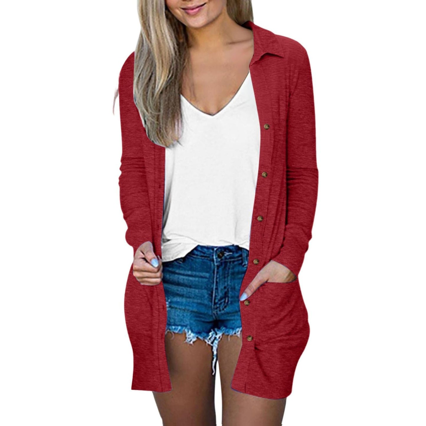 Women's Button Double Pocket Solid Color Casual Polo Collar Long Cardigans