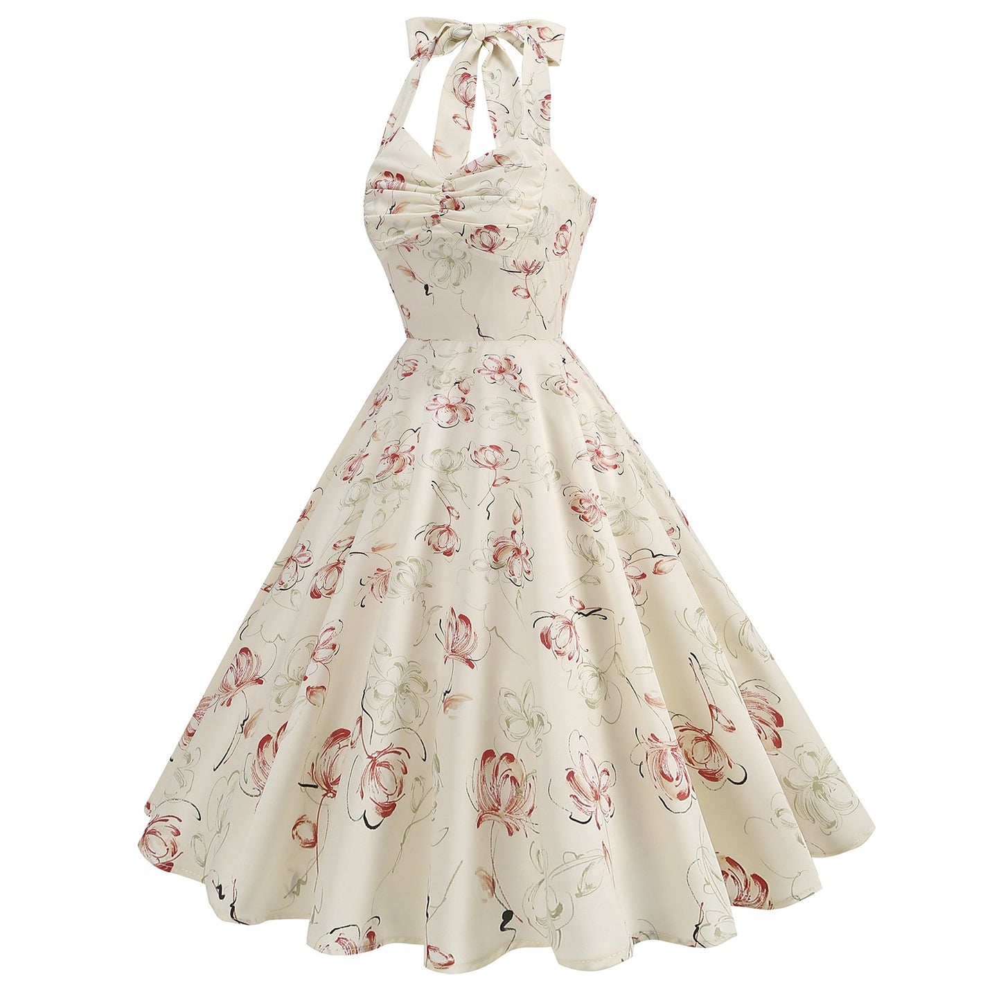 Women's Hepburn Style Abstract Rose Print Backless High Waist Halter Large Dress