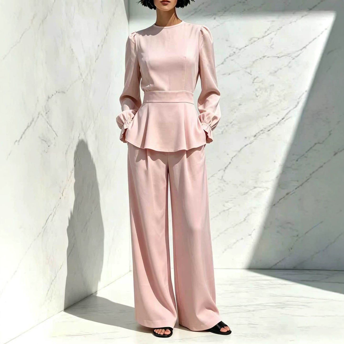 Long Sleeve Trousers Puff Design Elastic Fashion Casual Suit