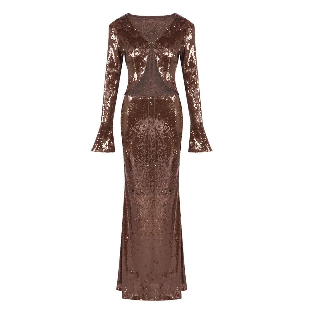 Luxury Dark Brown Sequined Dress Party Dresses