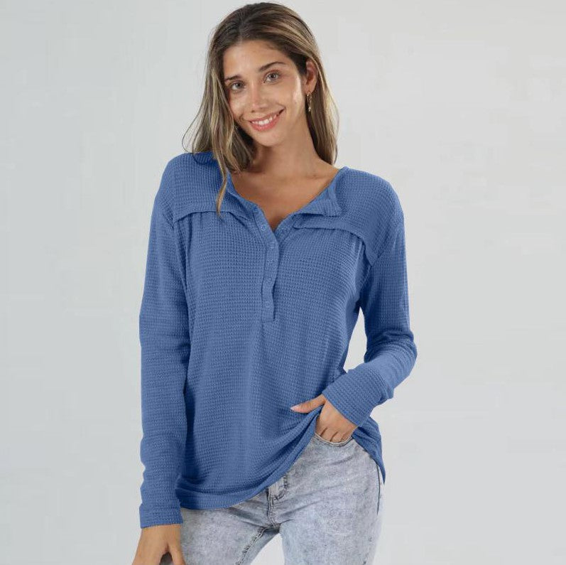Women's Waffle Autumn Loose Button Long Sleeve Tops
