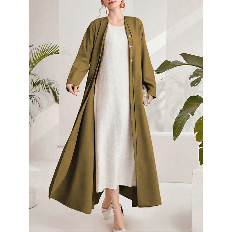 Women's Pocket Pure Color Long Temperament Sleeve Dress