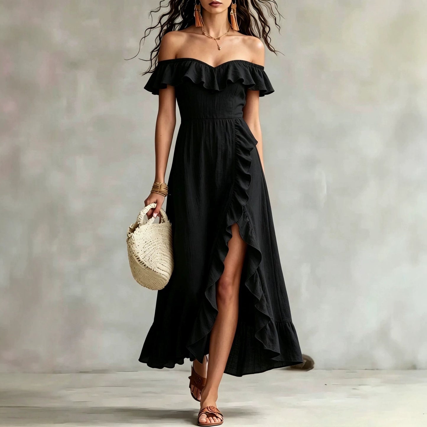 Women's Summer Collar Sleeveless Pink Ruffled Split Dress