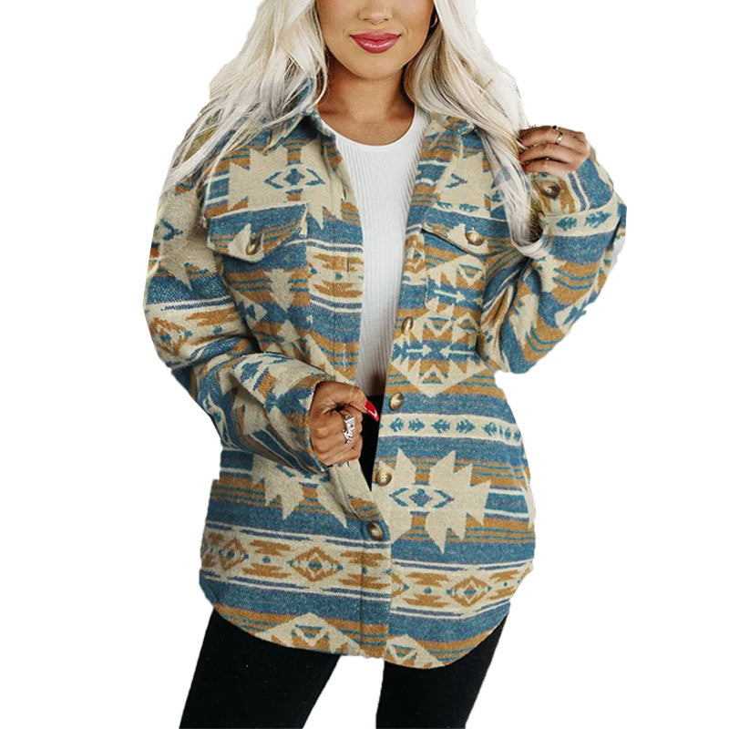 Women's Winter Fashion Retro Pattern Long-sleeved Woolen Coats