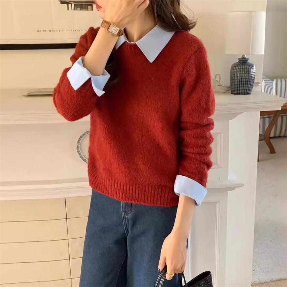 Women's Stitching Shirt Collar Fake Two-piece Knitted Sweater