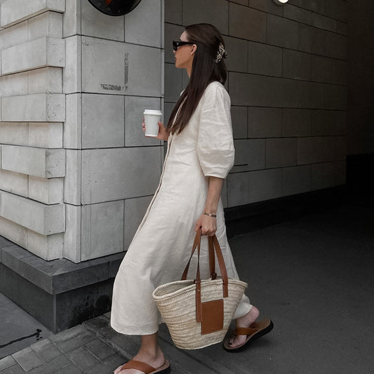 Women's Simple Casual Loose Cotton Linen Dress Autumn Puff Sleeve Dresses