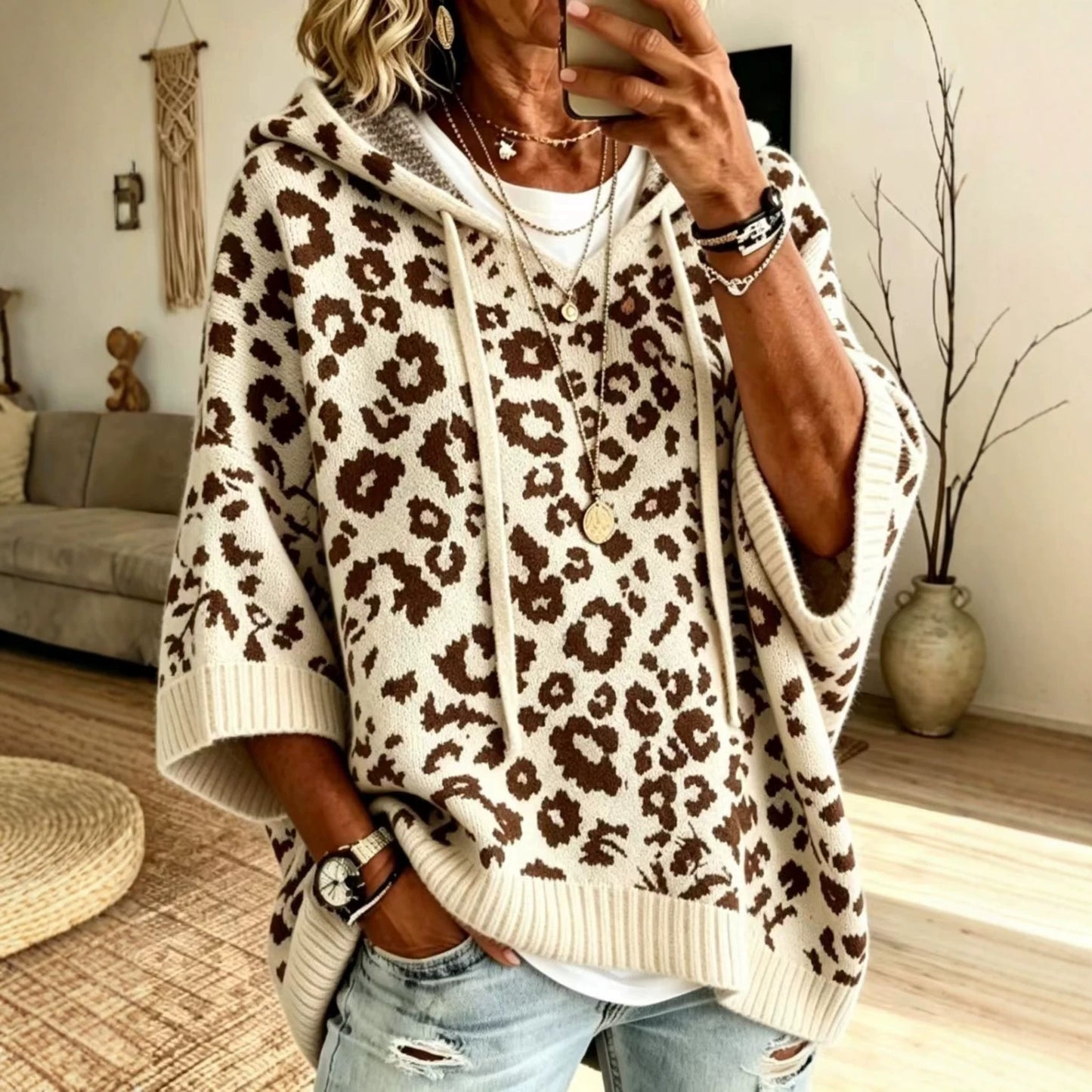 Leopard Print Hooded Drawstring Knitted Outerwear Pullover Sweater
