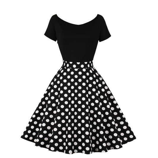 Sleeve Stitching Contrast Color Retro Polka Dresses