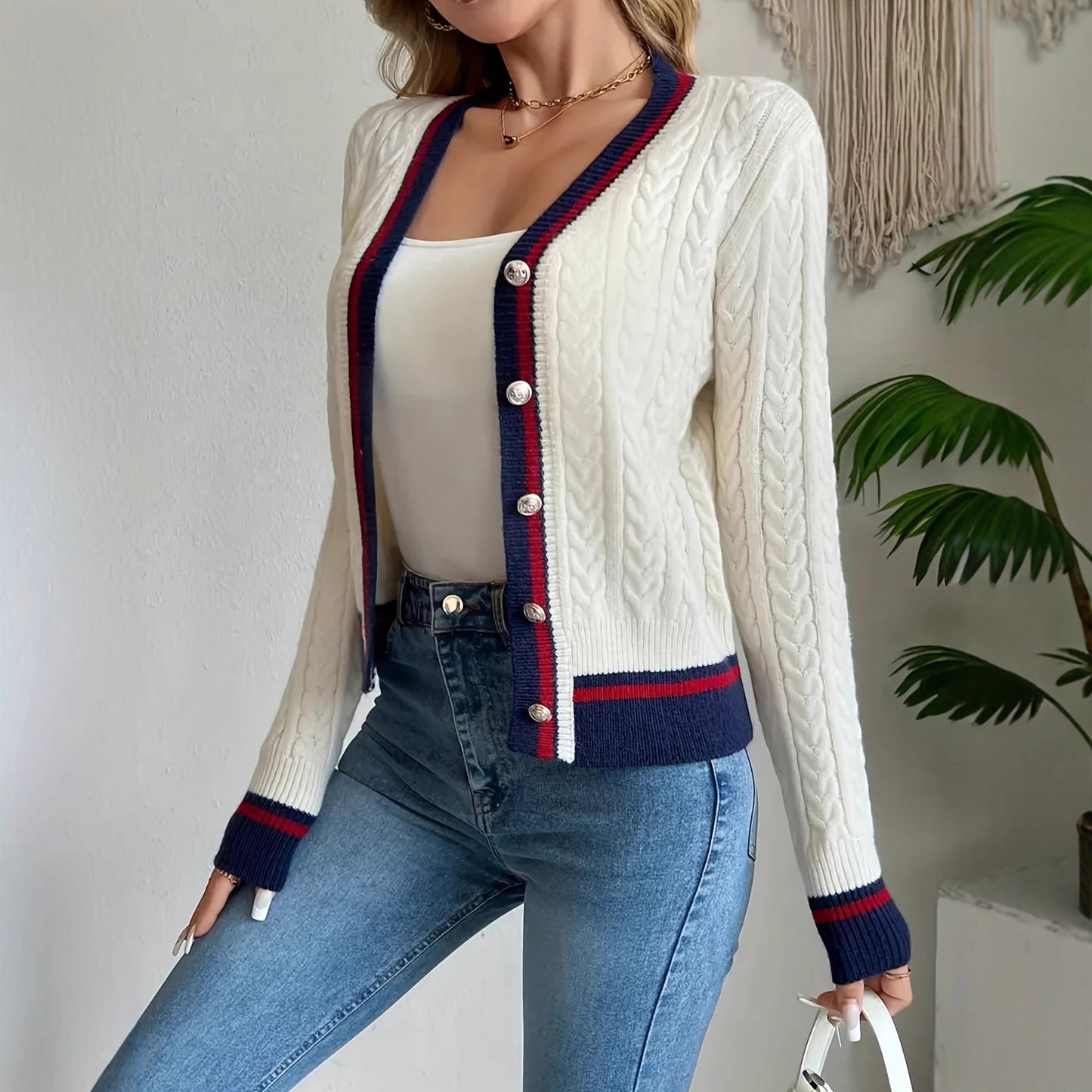 Women's Contrast Color Preppy Style Button Knitted Women's Sweater