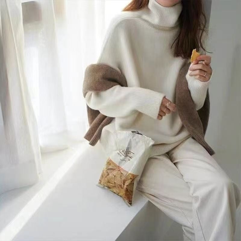 Women's Solid Color Turtleneck Loose Knitted Pullover Lazy Bottoming Sweaters