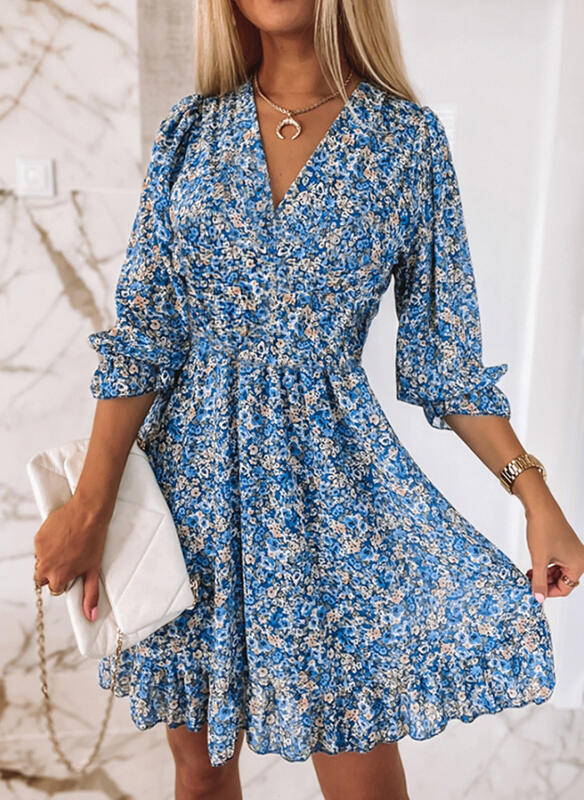 Mid-length Pullover Bohemian Printed Sleeve Floral Dress