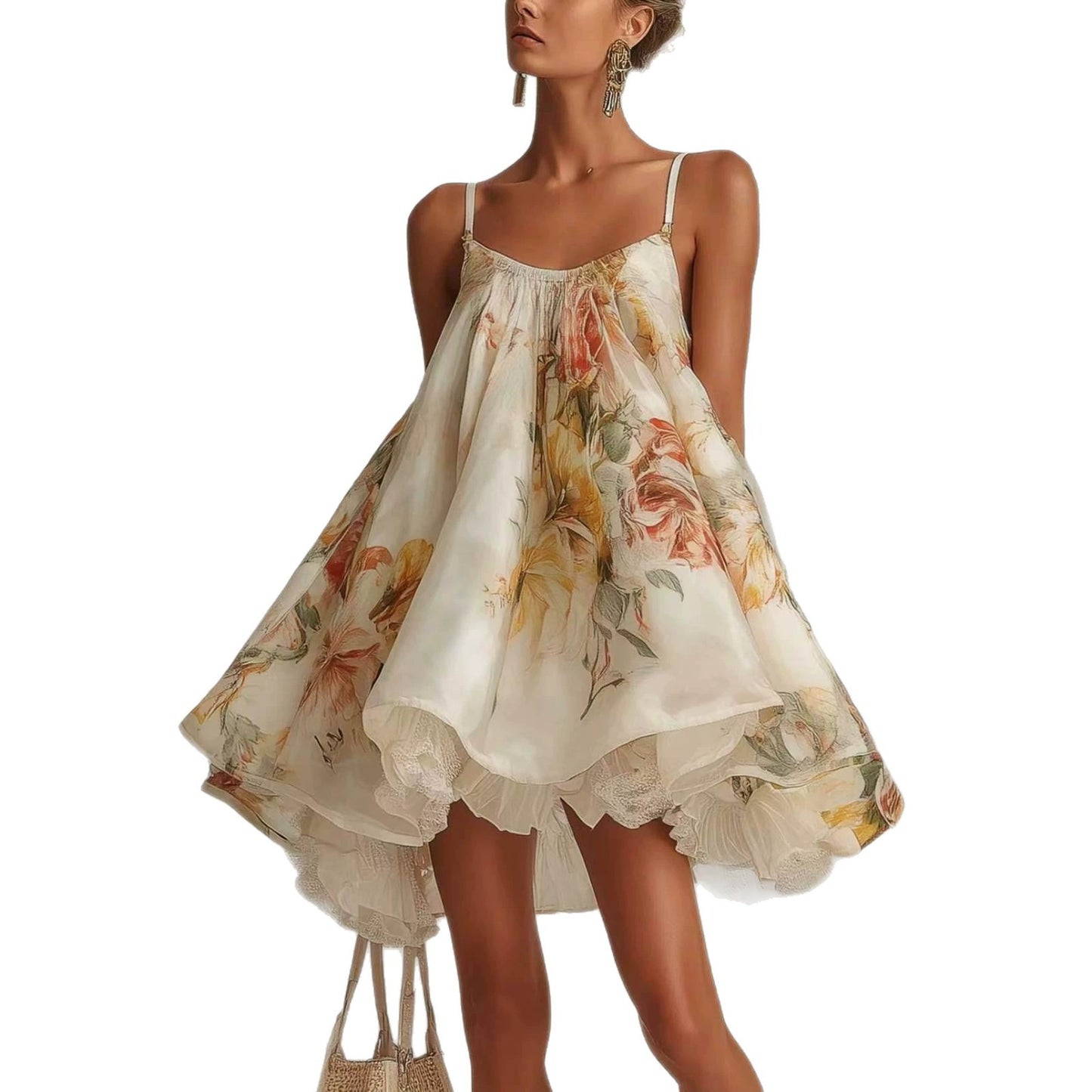 Women's Large Flower Loose Suspenders Puff French Lace Irregular Dress