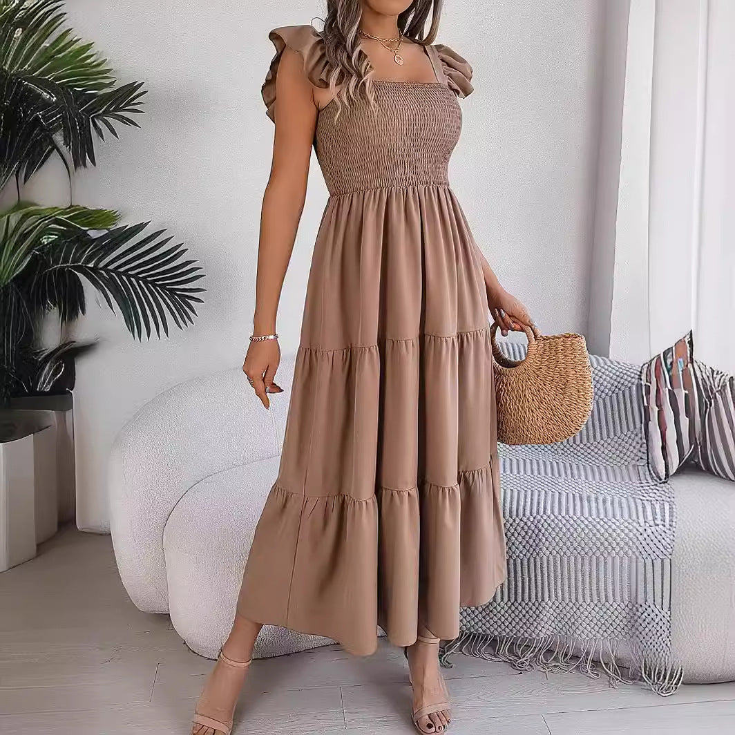 Women's Color Square Collar Wooden Ear Waist Dress