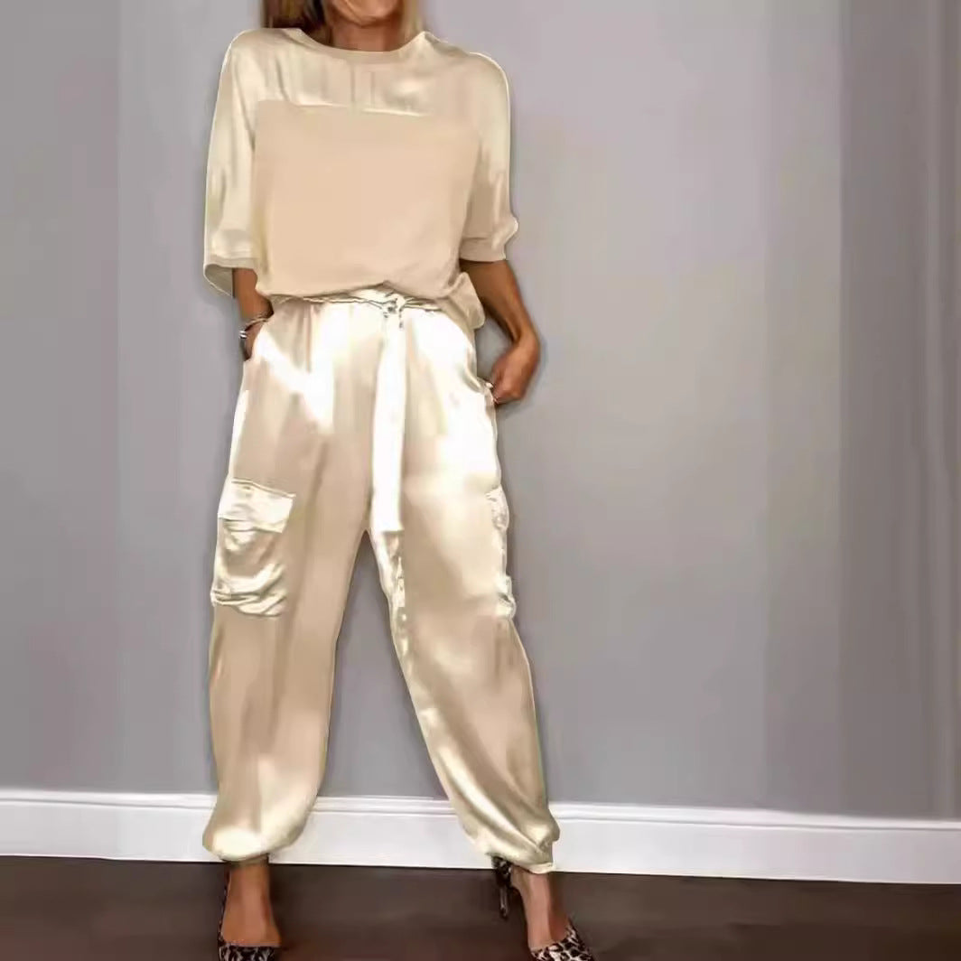 Women's Solid Color Smooth Satin Half Sleeve Shirt Two-piece Fashion Casual Suit