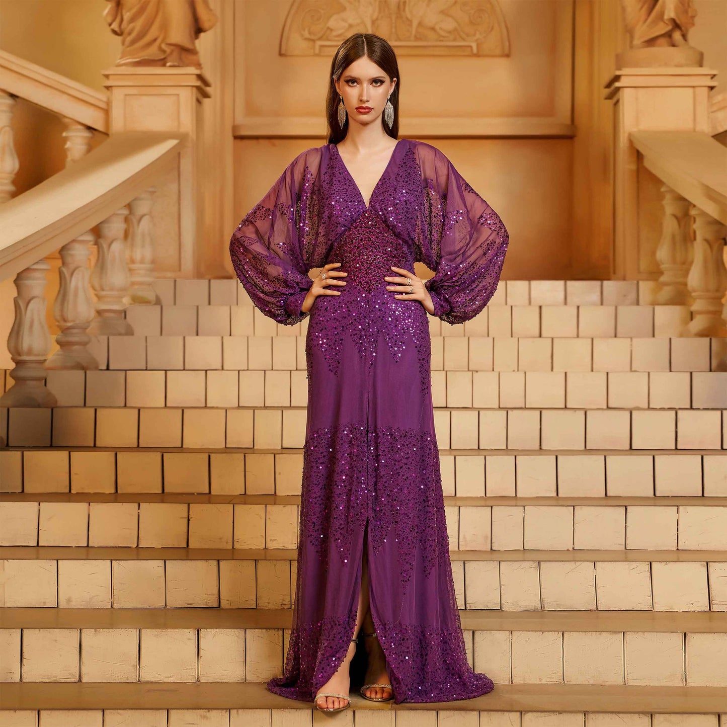 Women's French Style Long Dress Sleeve Sequined Dresses