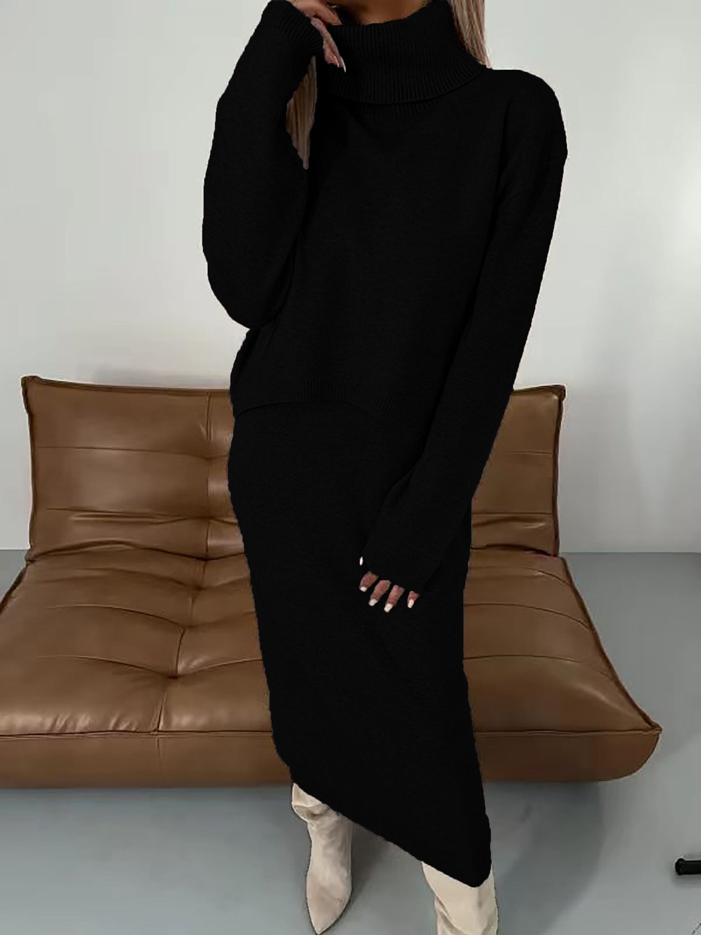 Women's Solid Color Turtleneck Knitting Hip Two-piece Fashion Casual Suit
