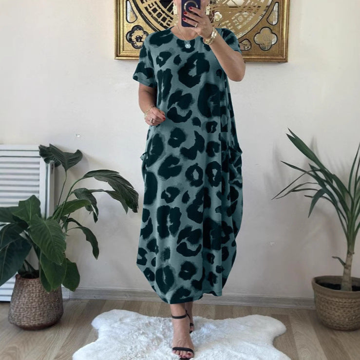 Leopard Print Pocket Casual Loose Printed Dress