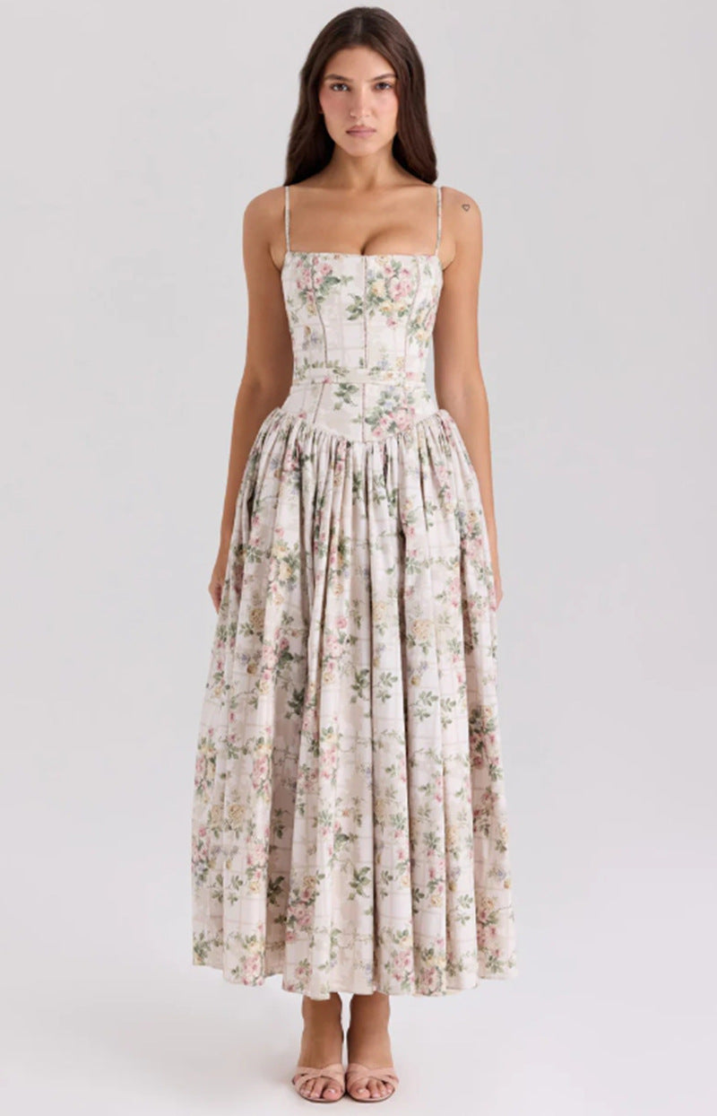 Elegant Gentle Slimming Floral Strap Dress Dresses