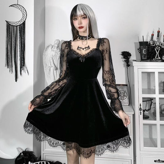 Women's Lace Stitching Long Sleeve Ruffled Waist Dresses