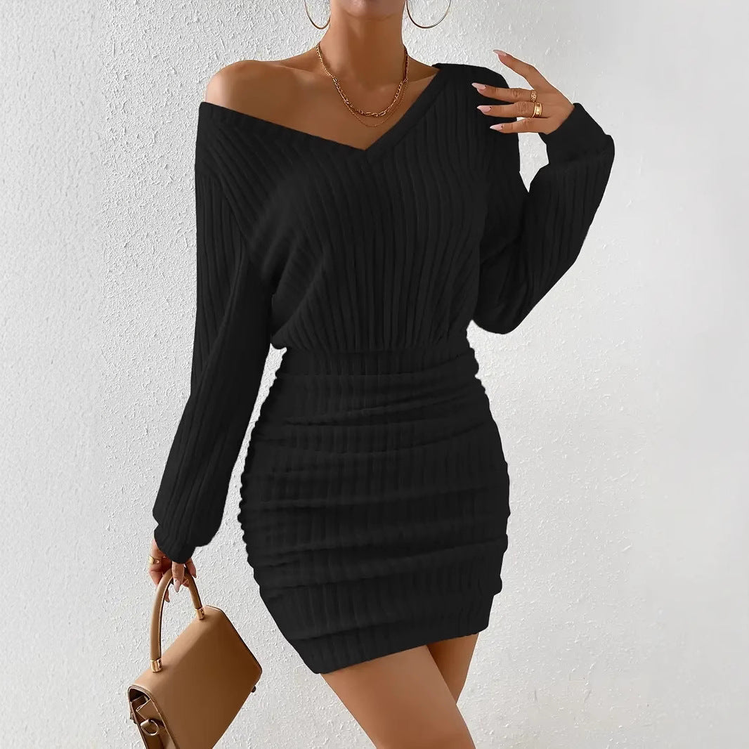 Women's Brushed Sunken Stripe Long-sleeved Waist Sheath Dress