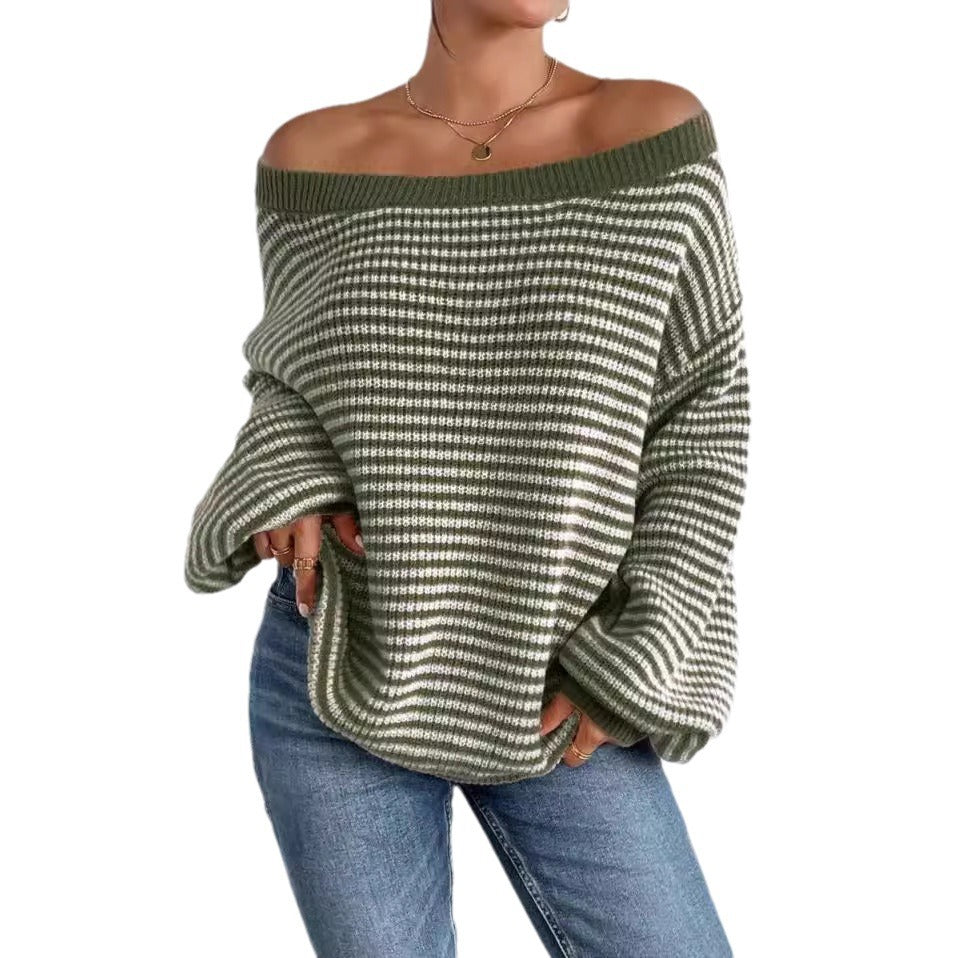 Women's Loose Contrast Color Striped Lantern Sleeve Sweater