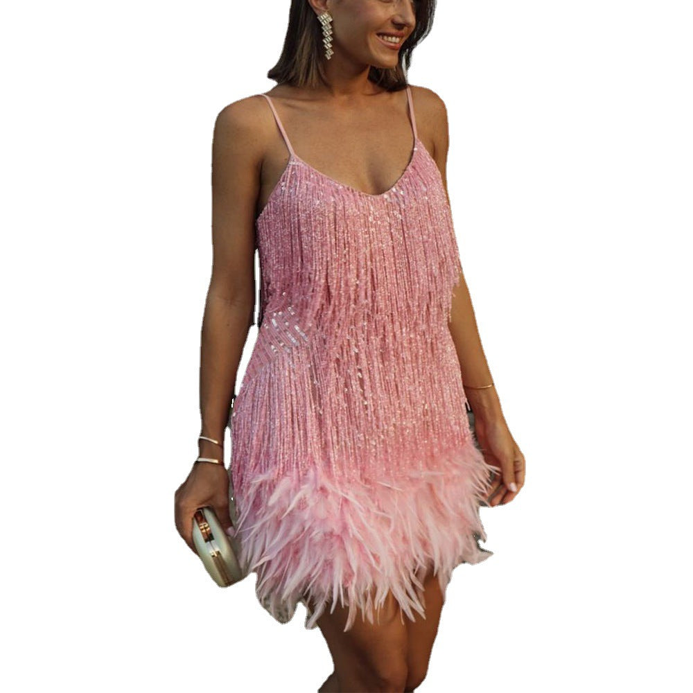 Women's Shiny Tassel Feather Sequins Dress Sexy Dresses
