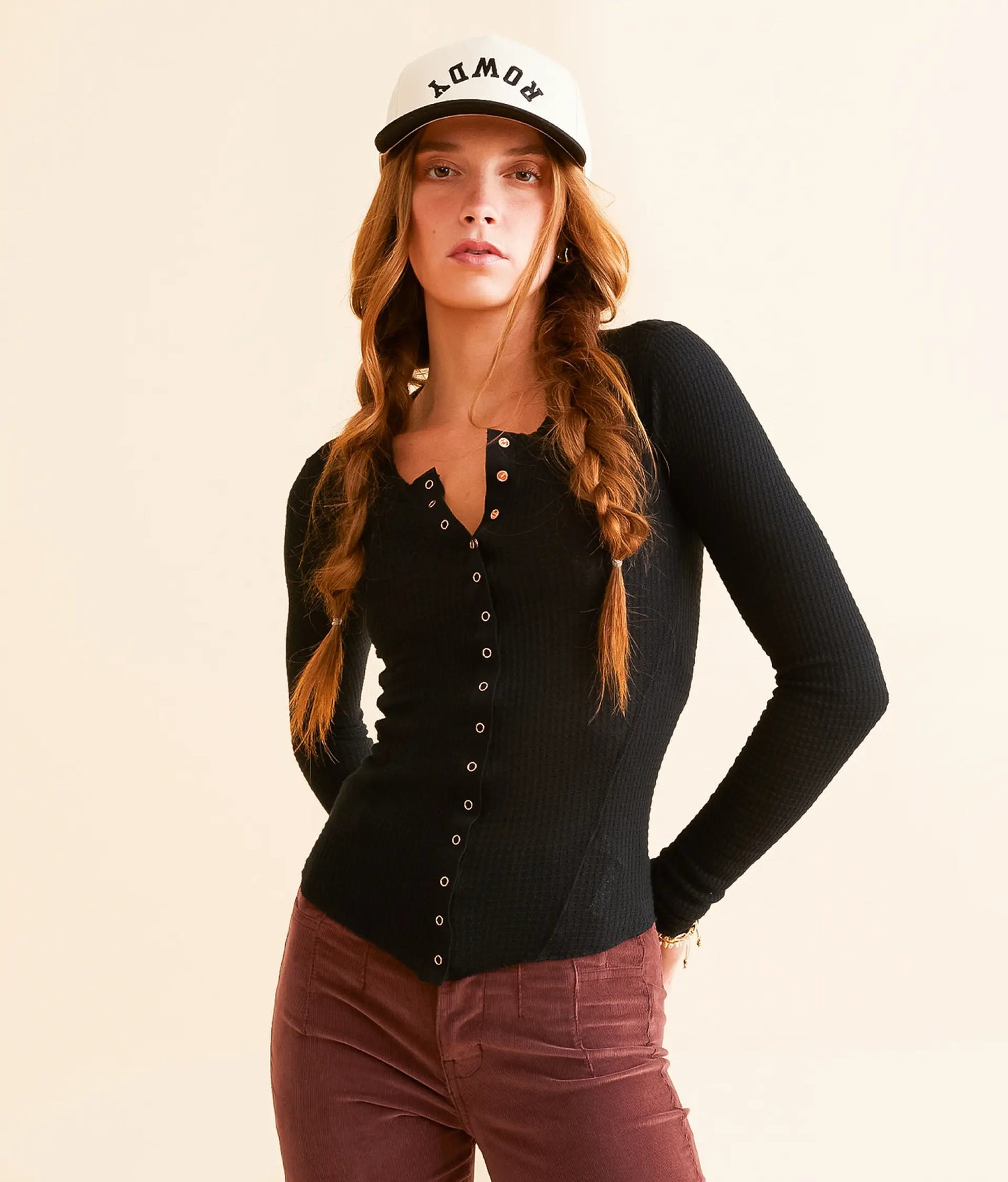 Women's Sleeve Round Neck Button Rib Pure Color Women's Sweater