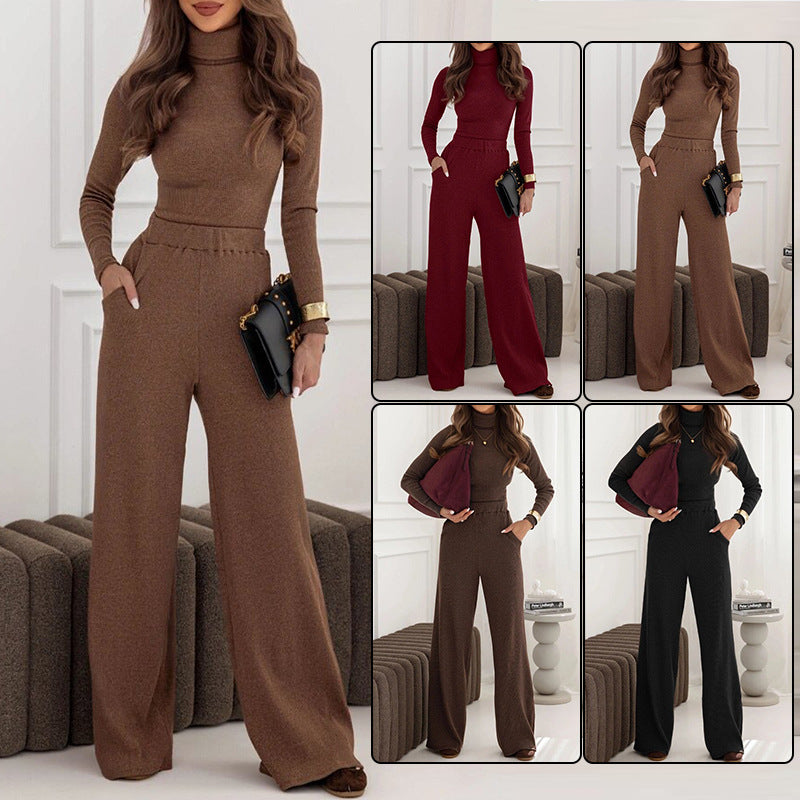 Fashionable Graceful Turtleneck Knitting Pullover Wide Leg Two-piece Fashion Casual Suit