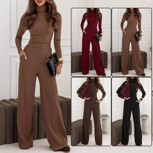 Fashionable Graceful Turtleneck Knitting Pullover Wide Leg Two-piece Fashion Casual Suit