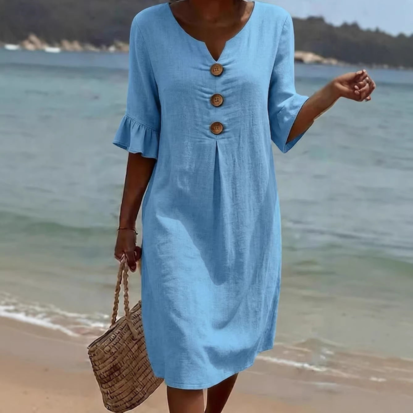 Women's Cotton Linen Buttons Ruffle Sleeve Dress