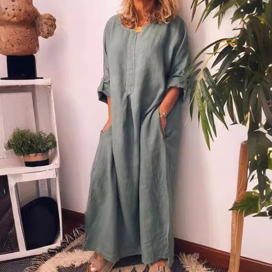 Women's Cotton Linen Solid Color Loose Dress Dresses