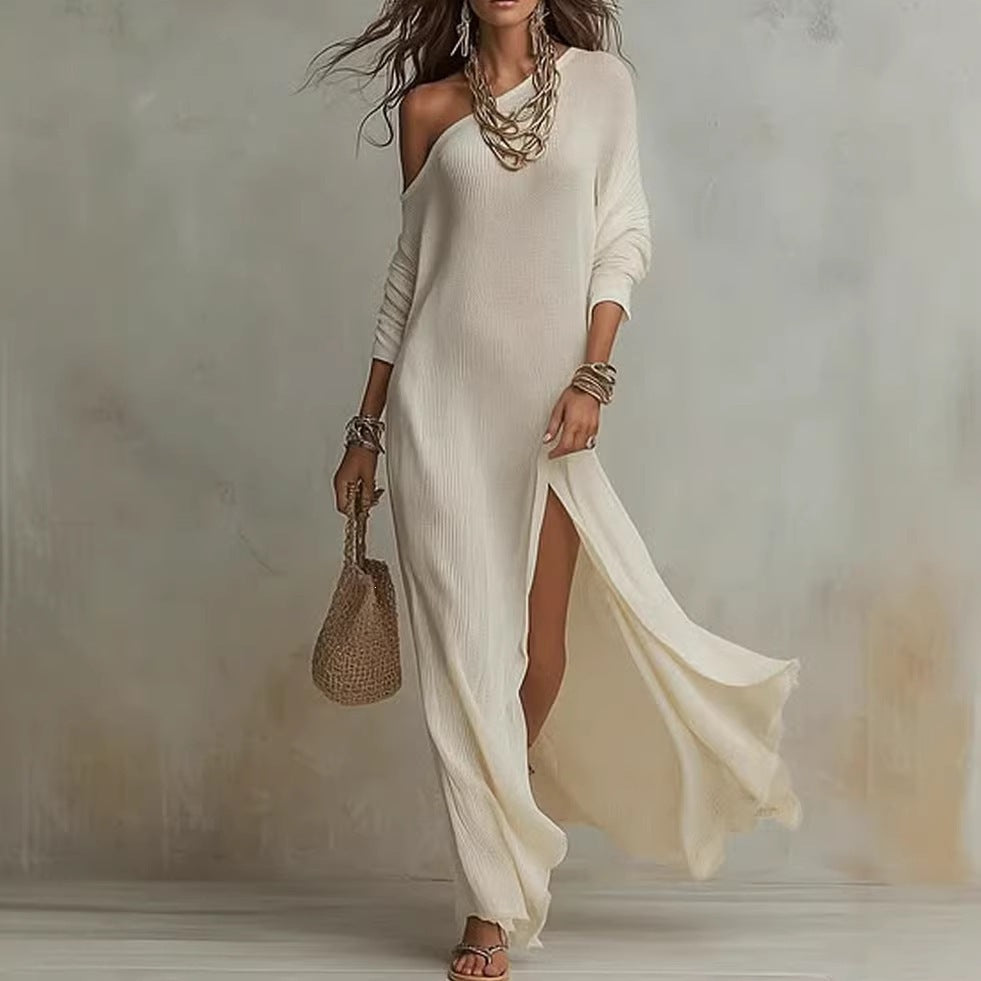 Women's Summer Elegant Long-sleeved Knitted Fold Split Dress