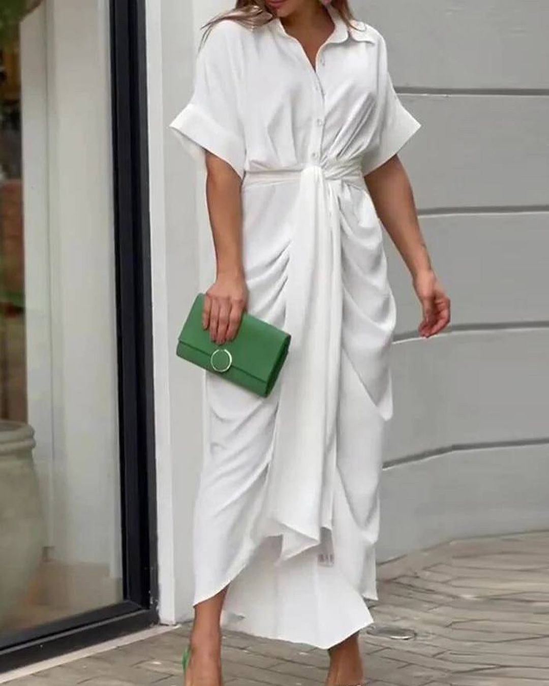 Women's Mid-length Sleeve Single-breasted High Waist Shirt Dresses