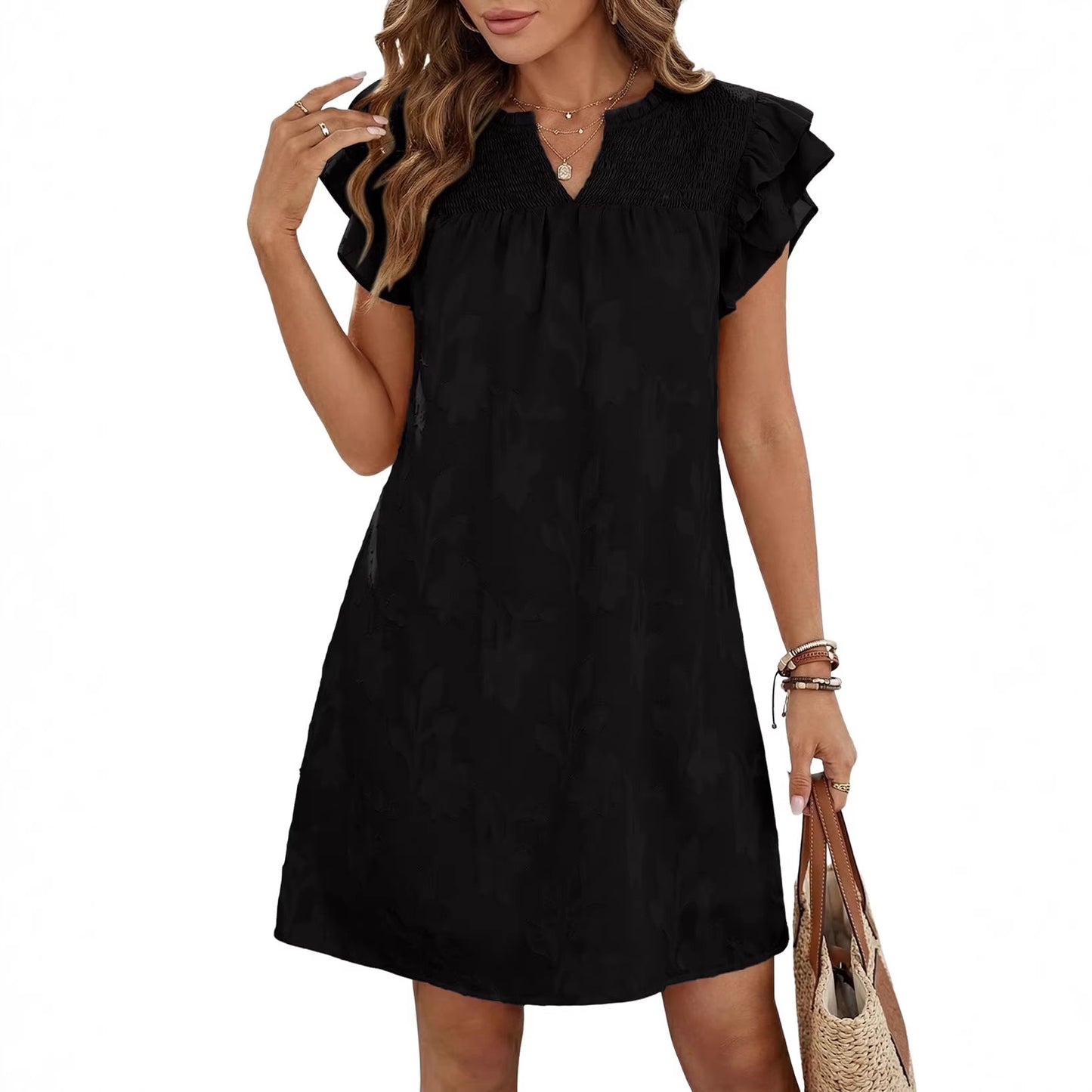 Women's Summer Double Ruffled Sleeves Pleating Floral Dress
