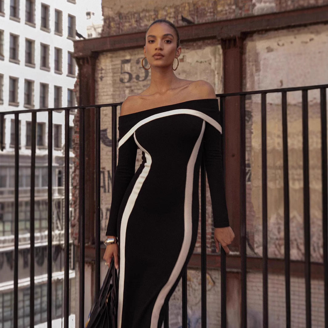 Elegant Sexy Contrast Color Slim Fit Dress Knitted Dresses
