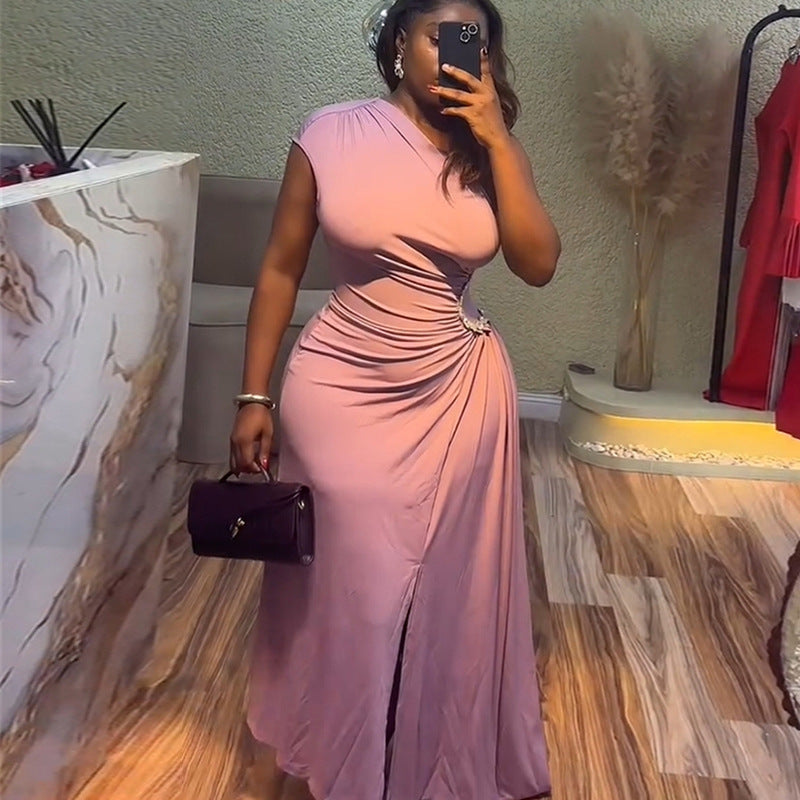 Women's Elegant Diagonal Collar Pleated Diamond Irregular Dresses