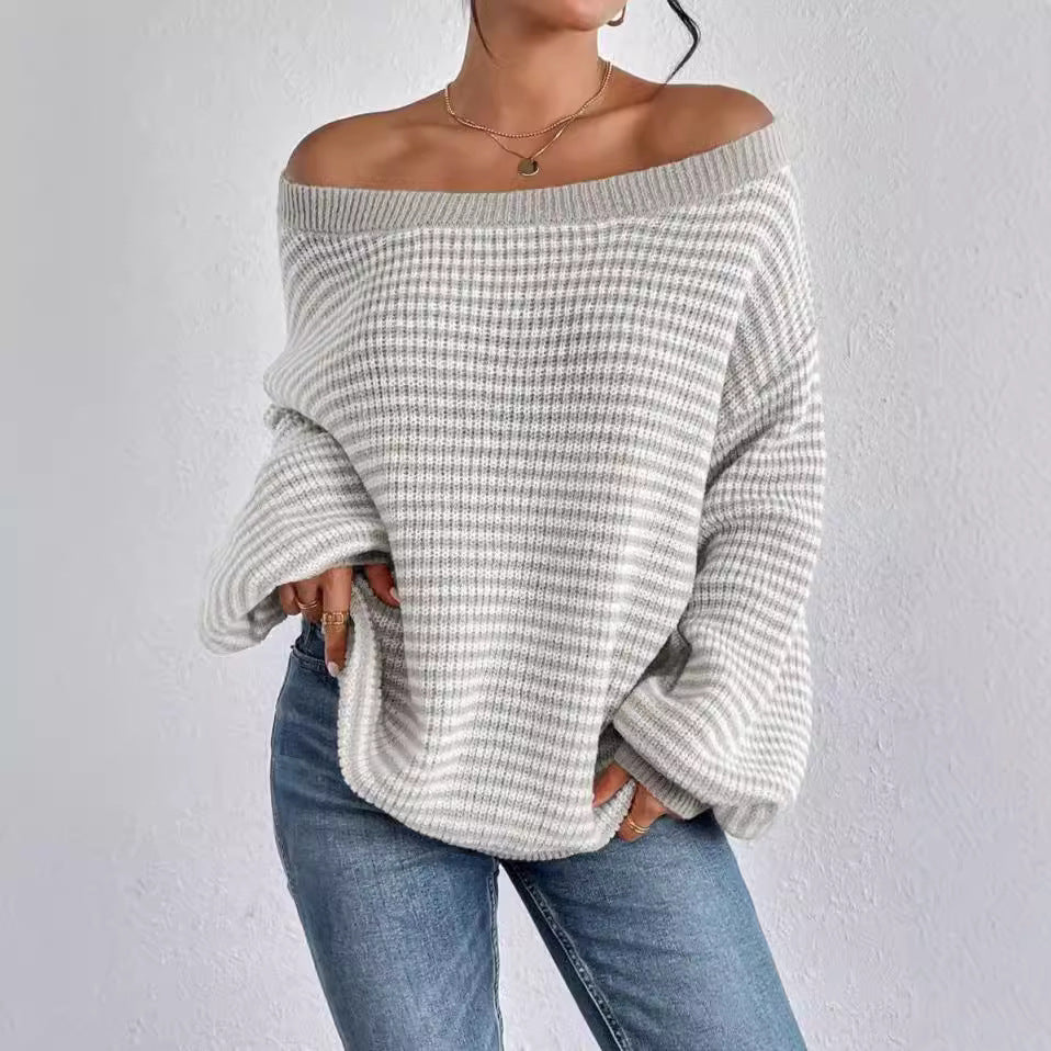 Women's Loose Contrast Color Striped Lantern Sleeve Sweater