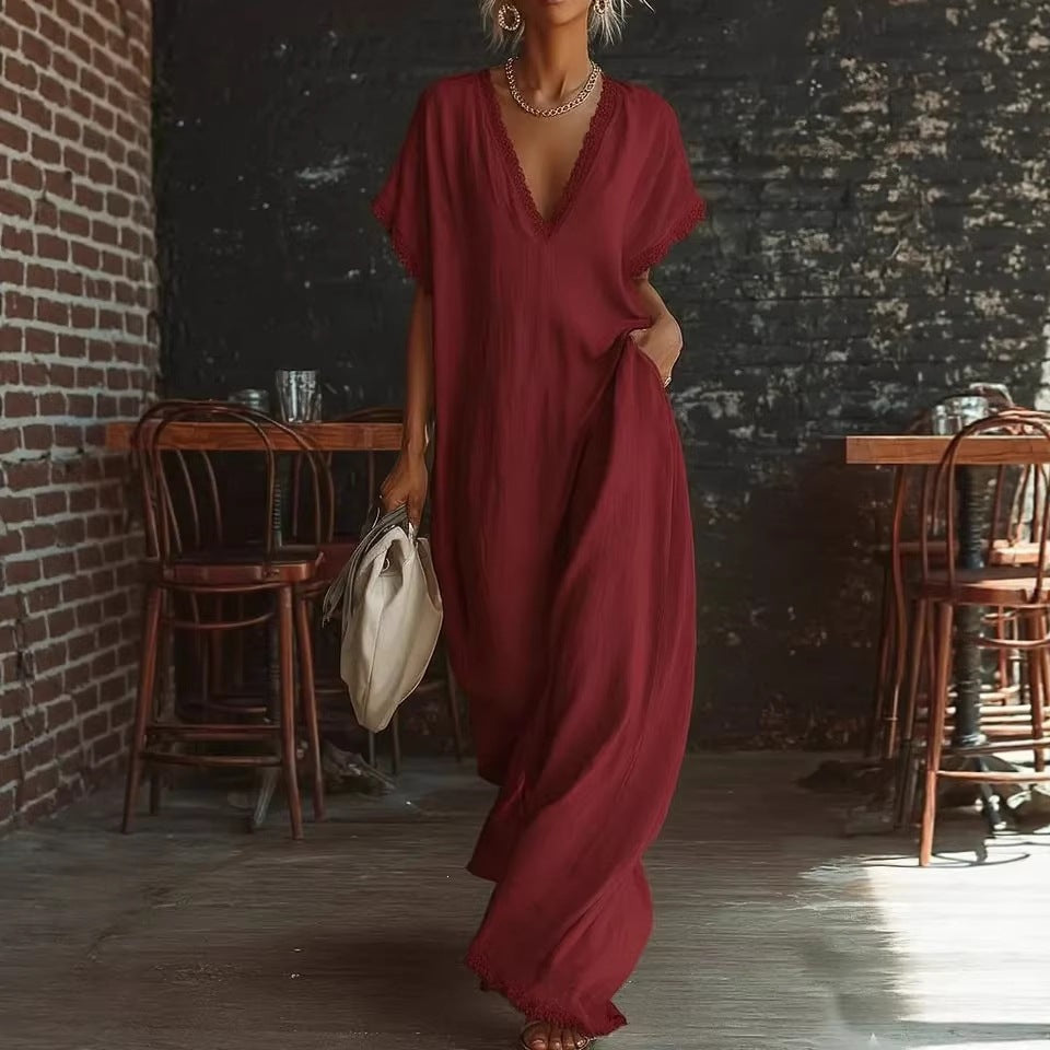 Women's Elegant Comfortable Lace Loose Linen Cotton Dress