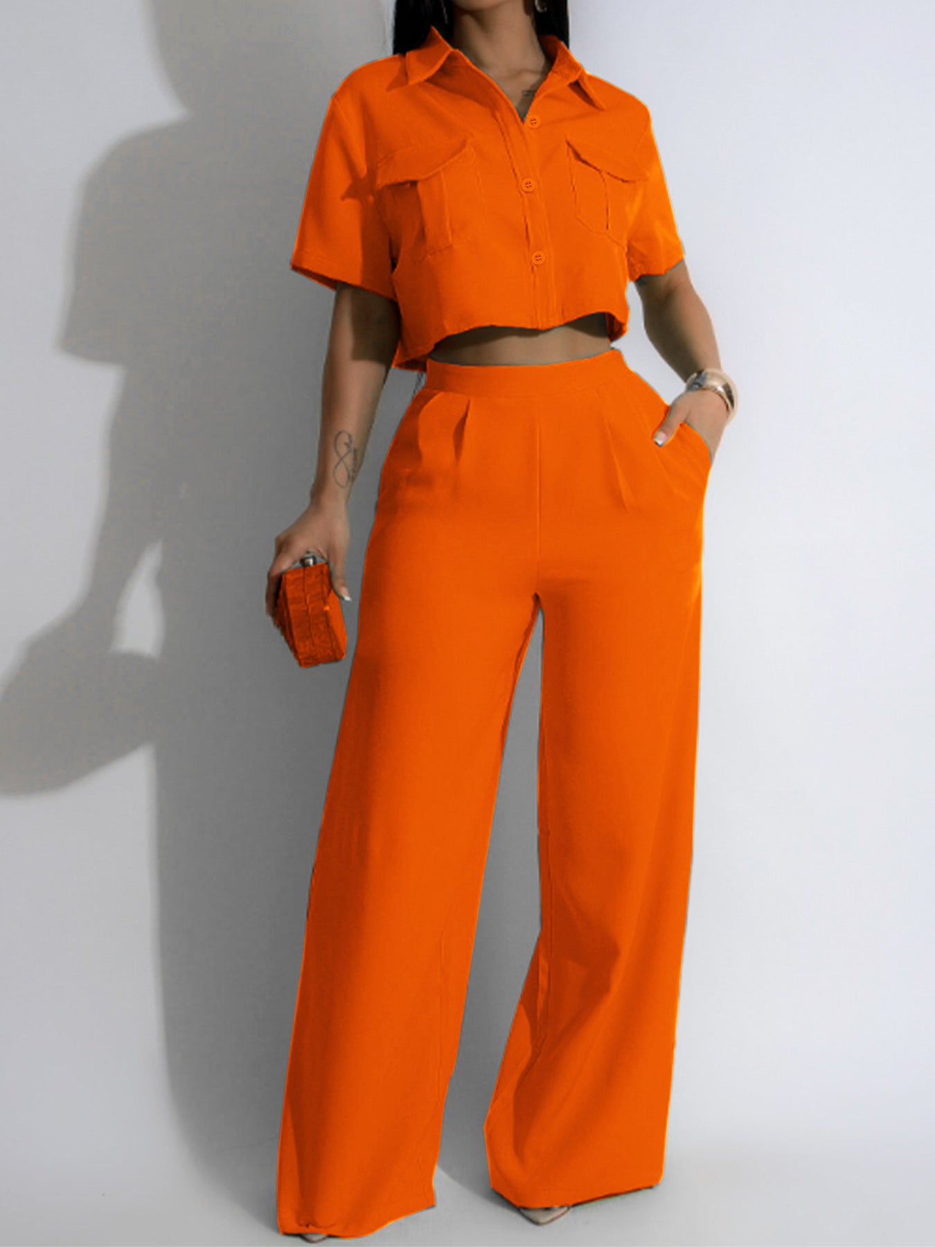 Women's Fashion Polo Collar Sleeve High Waist Suits