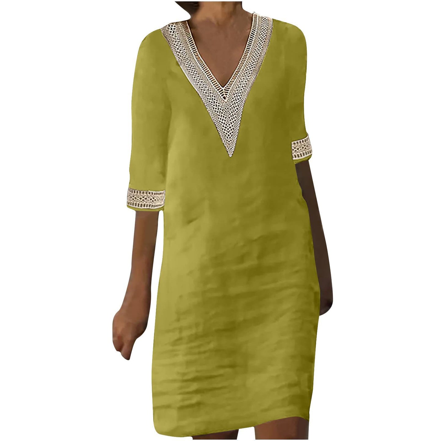 Women's Linen Small Lace Patchwork Retro Solid Dresses