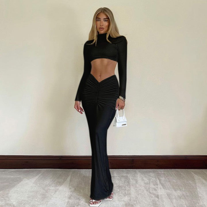 Women's Solid Color Casual Long-sleeved Turtleneck Pleated Dresses