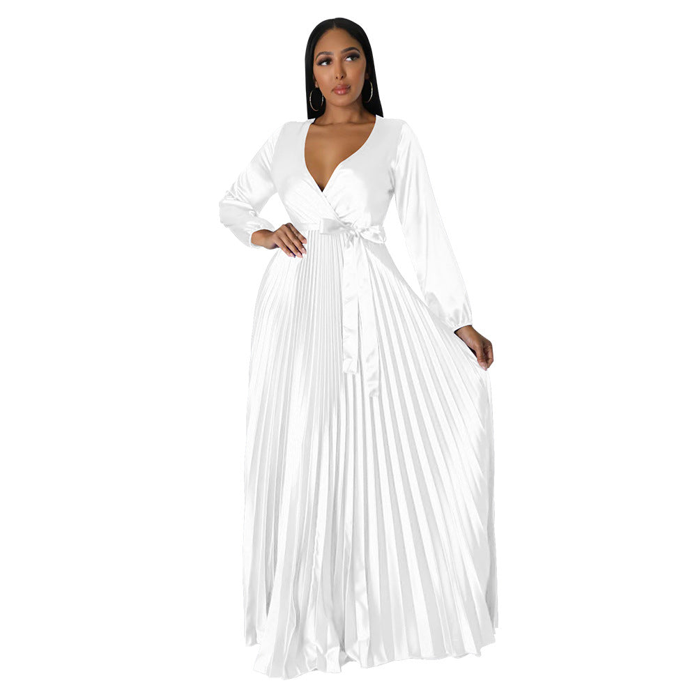 Women's Autumn Lantern Sleeve Pleated Dress Long Dresses